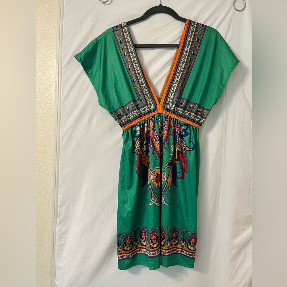 Forever 21 silky top or short dress. Green with colorful pattern.